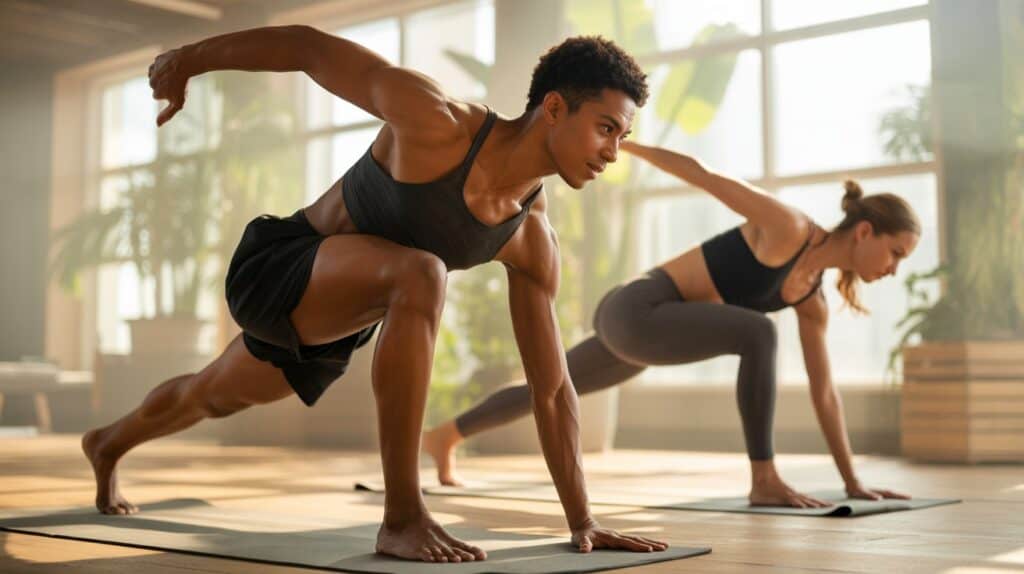 A dynamic HIIT and yoga workout session set in a modern, sun-drenched studio. In the foreground, a fit model executes a powerful HIIT move, their muscles straining with effort. In the middle ground, another model gracefully transitions through a yoga pose, their limbs elongated and balanced. The background features a serene, plant-filled environment, with large windows allowing natural light to stream in, creating a warm, peaceful atmosphere. The overall scene conveys the synergistic benefits of combining high-intensity interval training and mindful yoga practice for optimal physical fitness and stress relief. A dynamic HIIT and yoga workout session set in a modern, sun-drenched studio. In the foreground, a fit model executes a powerful HIIT move, their muscles straining with effort. In the middle ground, another model gracefully transitions through a yoga pose, their limbs elongated and balanced. The background features a serene, plant-filled environment, with large windows allowing natural light to stream in, creating a warm, peaceful atmosphere. The overall scene conveys the synergistic benefits of combining high-intensity interval training and mindful yoga practice for optimal physical fitness and stress relief.