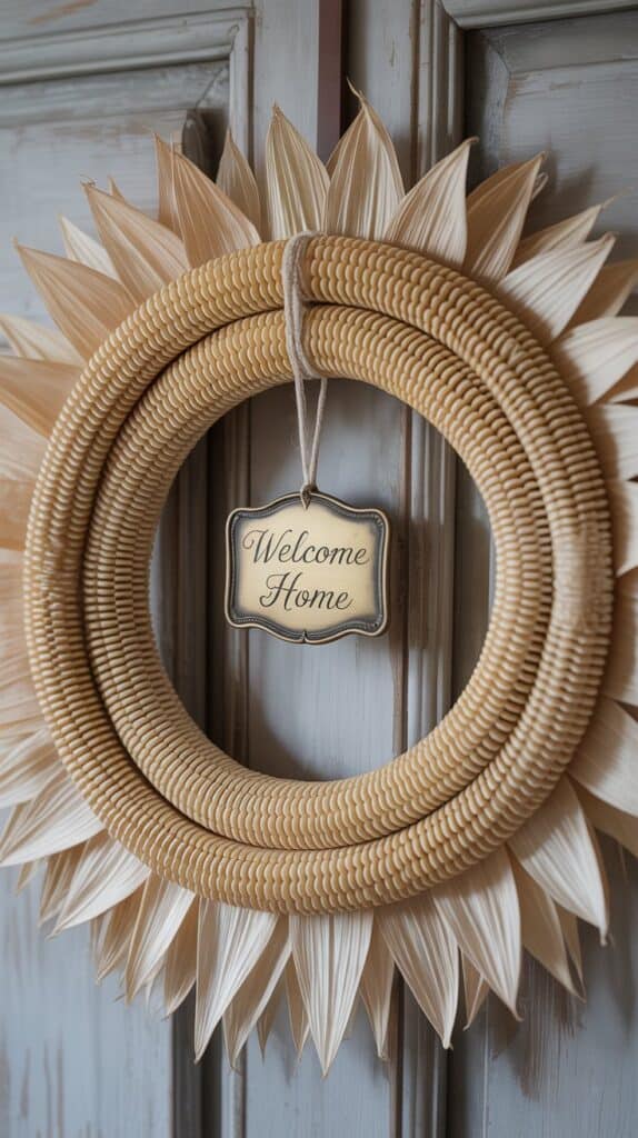 Corn husk wreath with natural beige tones for rustic autumn décor