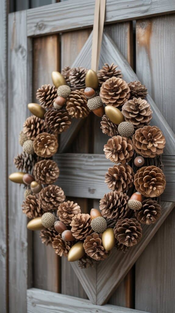 Acorn and pinecone fall wreath with metallic accents, woodland autumn door decoration