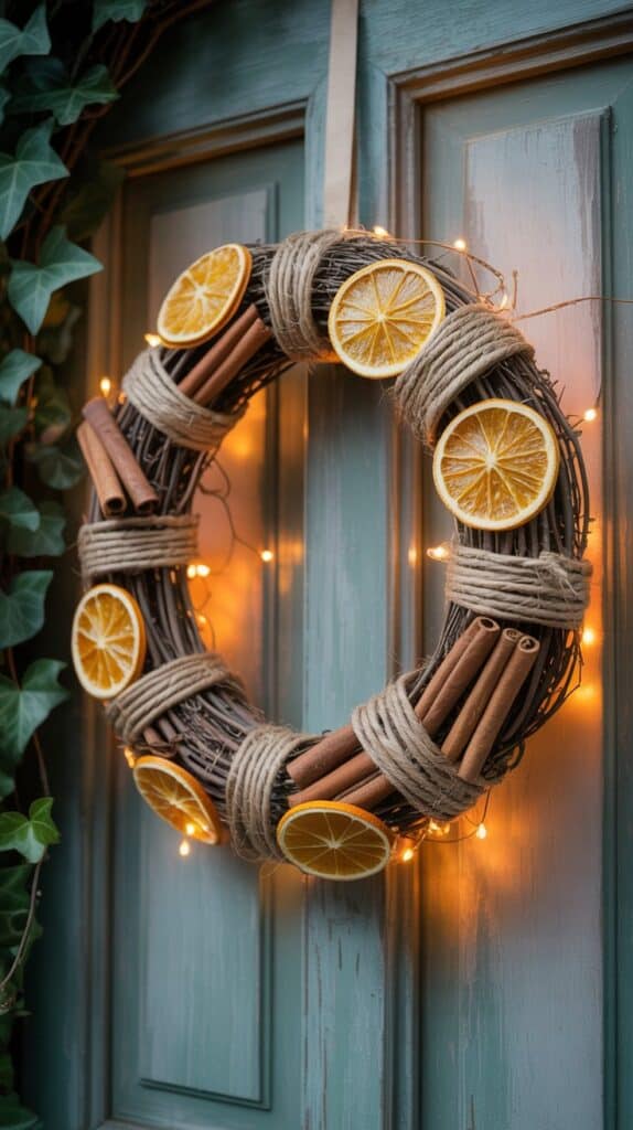 Dried orange slice and cinnamon stick fall wreath, citrus-inspired rustic autumn décor