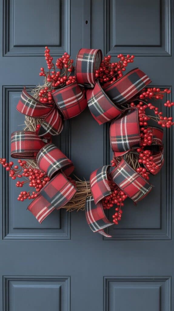 Plaid ribbon fall wreath with red berries, cozy tartan farmhouse autumn decoration