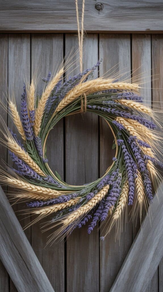 Wheat and lavender fall wreath with farmhouse charm, rustic seasonal home décor