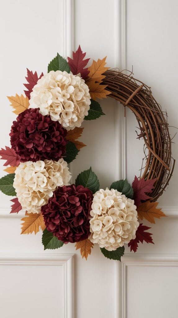 Hydrangea and autumn leaf fall wreath, lush seasonal floral door decoration