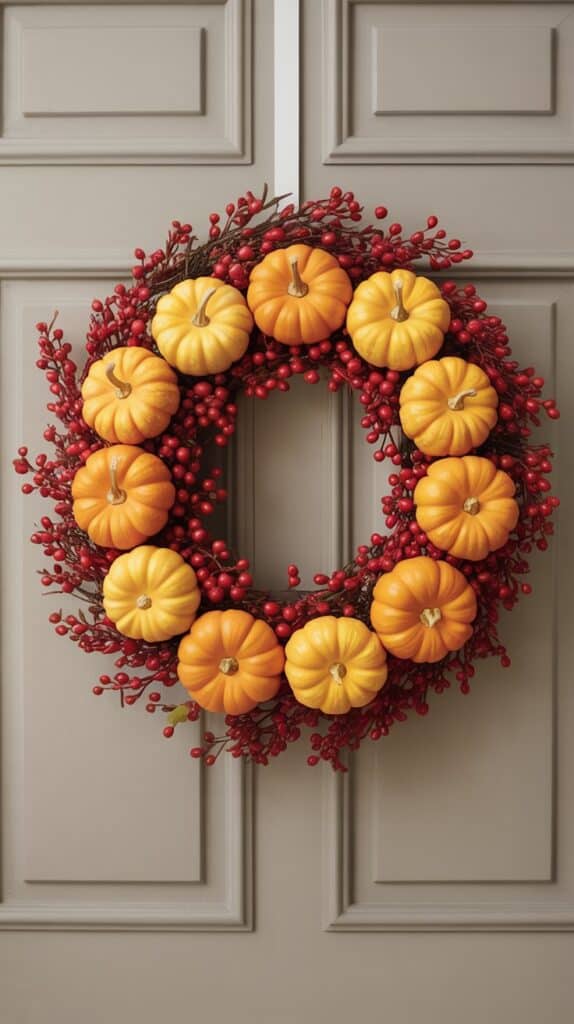 Mini pumpkin and berry fall wreath, cheerful autumn front door decoration