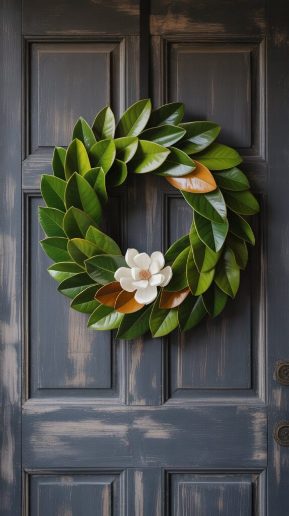 Magnolia leaf fall wreath with glossy green leaves, elegant seasonal home décor