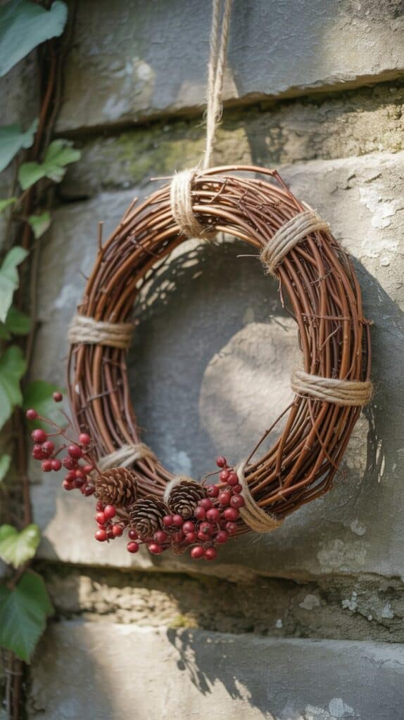 Rustic twig fall wreath with berries and pinecones, woodland-inspired autumn decoration