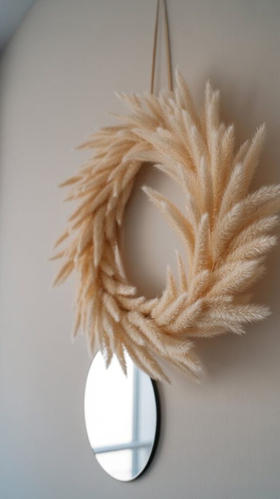Neutral pampas grass fall wreath, modern autumn wall decoration with soft texture