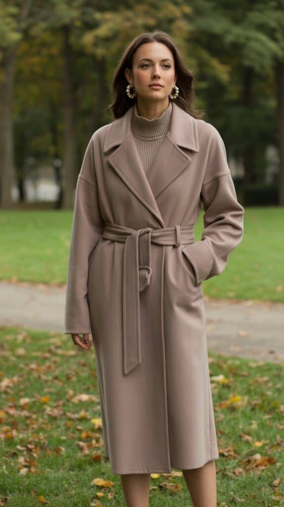 Alt Text: Taupe belted wool coat with knit dress and statement earrings, chic fall style for mature women