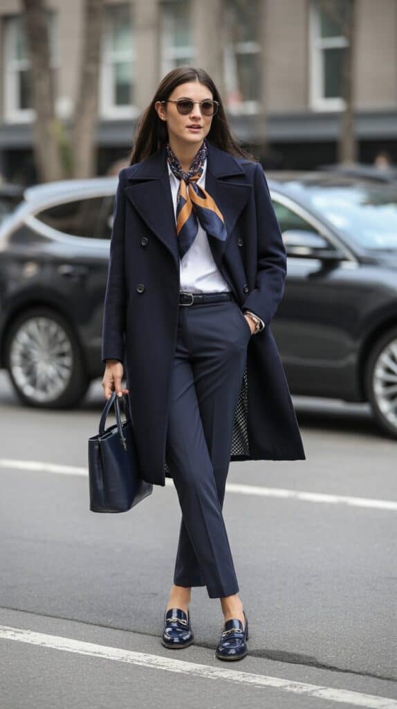 Navy peacoat styled with silk scarf and trousers, timeless fall fashion for women over 40
