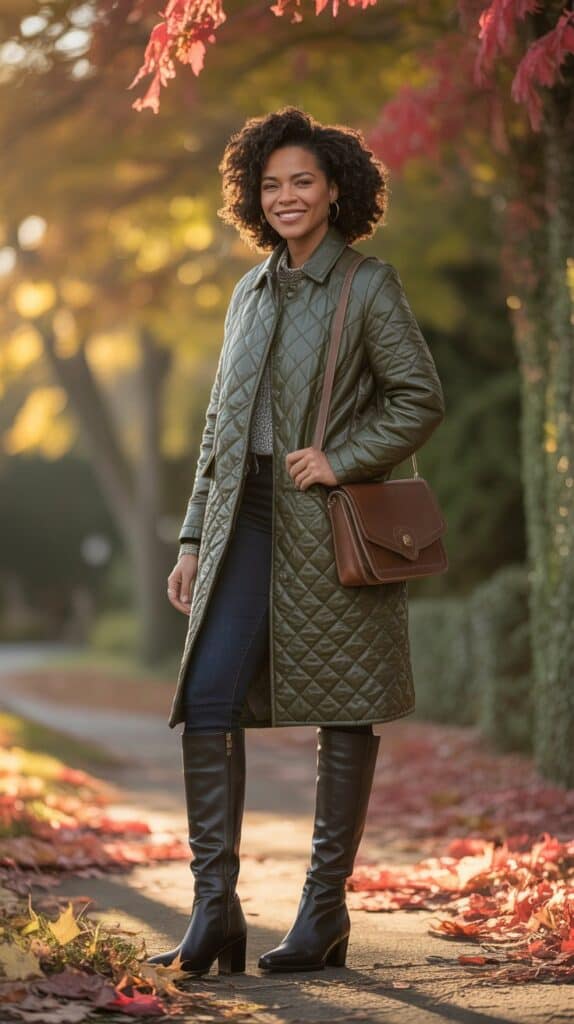 Olive quilted coat with boots, lightweight warm outerwear for mature women’s fall weekends