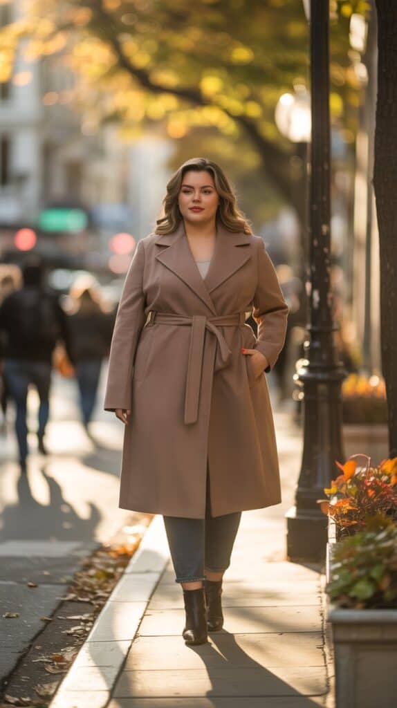 Plus-size fall outfit with a belted wrap coat over dark jeans and sweater, styled with ankle boots.