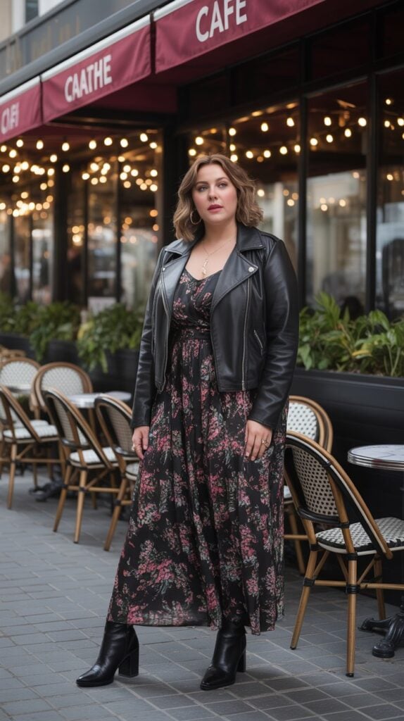 Plus-size fall outfit featuring a floral maxi dress with a cropped leather jacket and boots