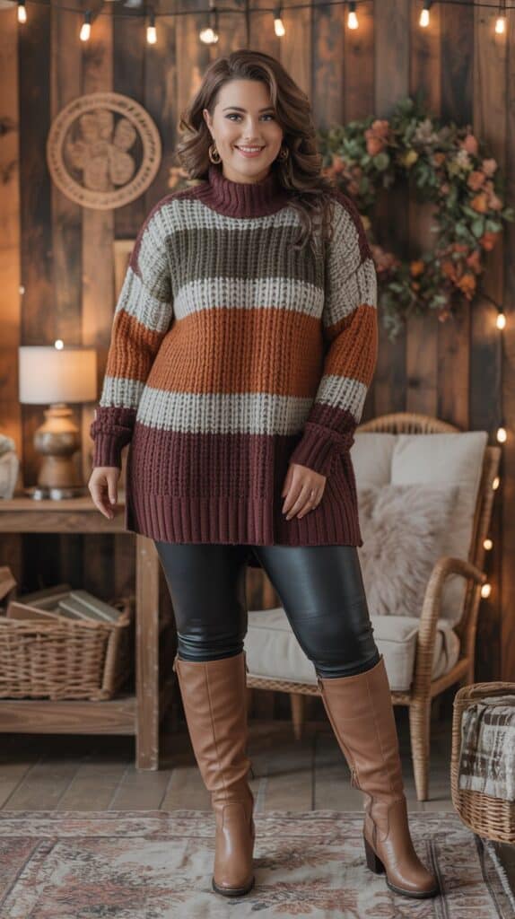 Plus-size fall outfit with tunic sweater, faux leather leggings, and tall boots