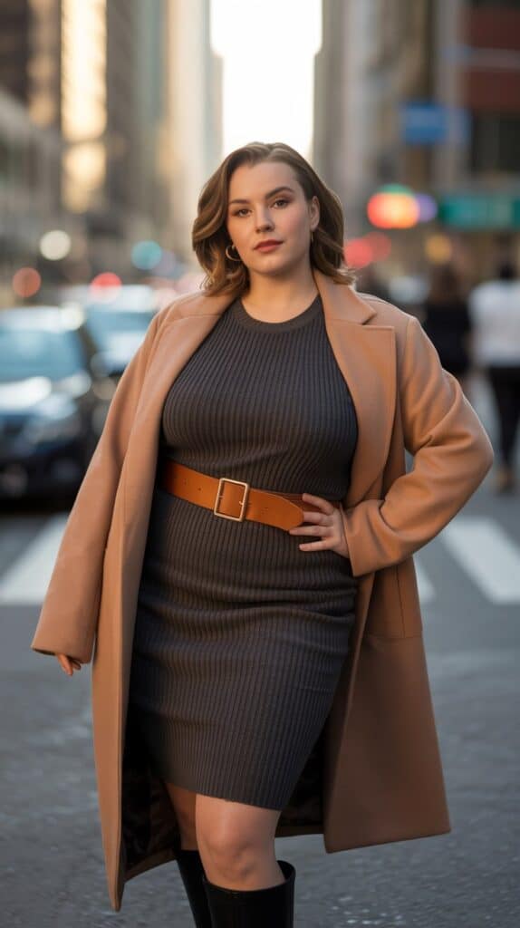 Plus-size fall style featuring a belted knit dress with boots and coat
