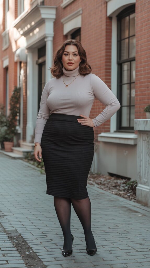 Elegant plus-size fall outfit with pencil skirt, turtleneck, and tights