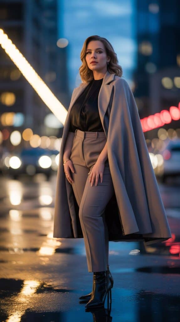 Plus-size fall outfit with cape coat, slim pants, and boots