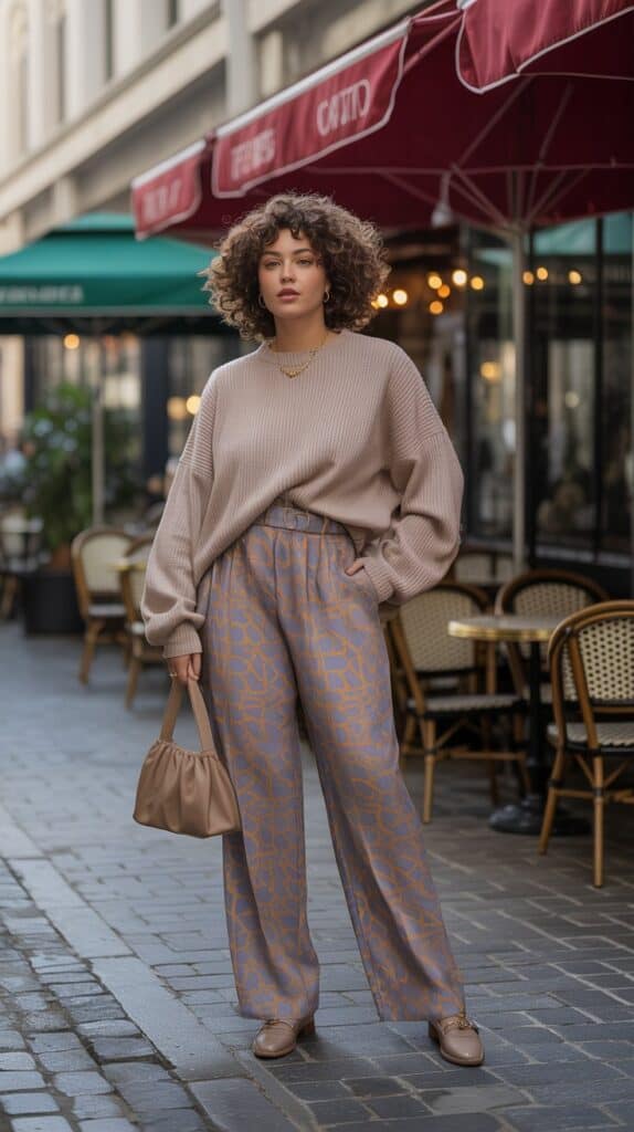 Curvy woman wearing oversized sweater with printed pants for a fun fall outfit