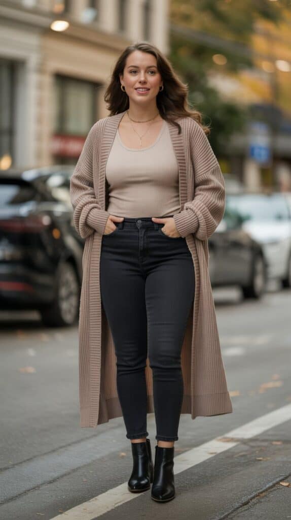 Curvy woman wearing a longline cardigan with dark skinny jeans and ankle boots for a chic fall look