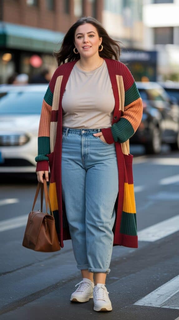 Curvy woman styling a colorful block cardigan with jeans and a tee for casual fall fashion