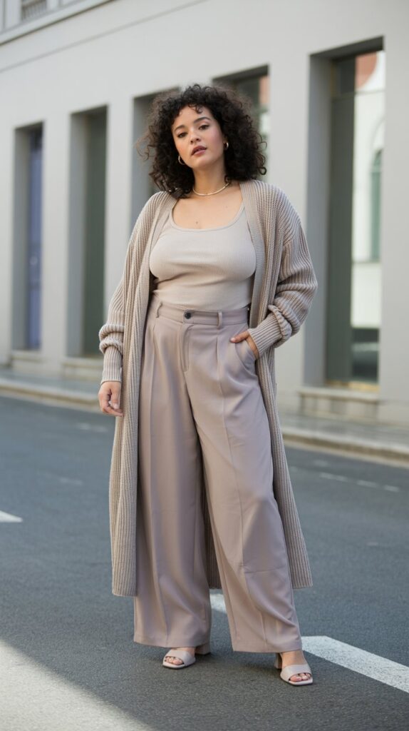 Curvy woman wearing a duster cardigan with wide-leg pants and block heels for fall