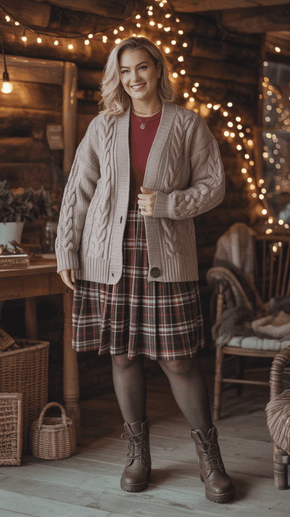 Curvy woman pairing a cable-knit cardigan with a plaid skirt, tights, and boots for fall