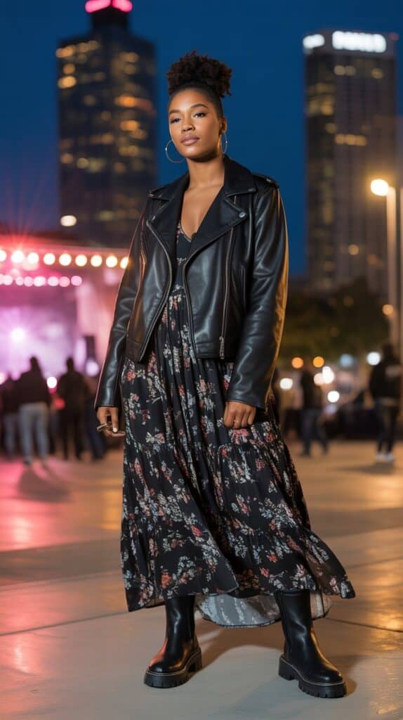 Black woman in leather jacket with floral maxi dress and chunky boots, edgy fall style