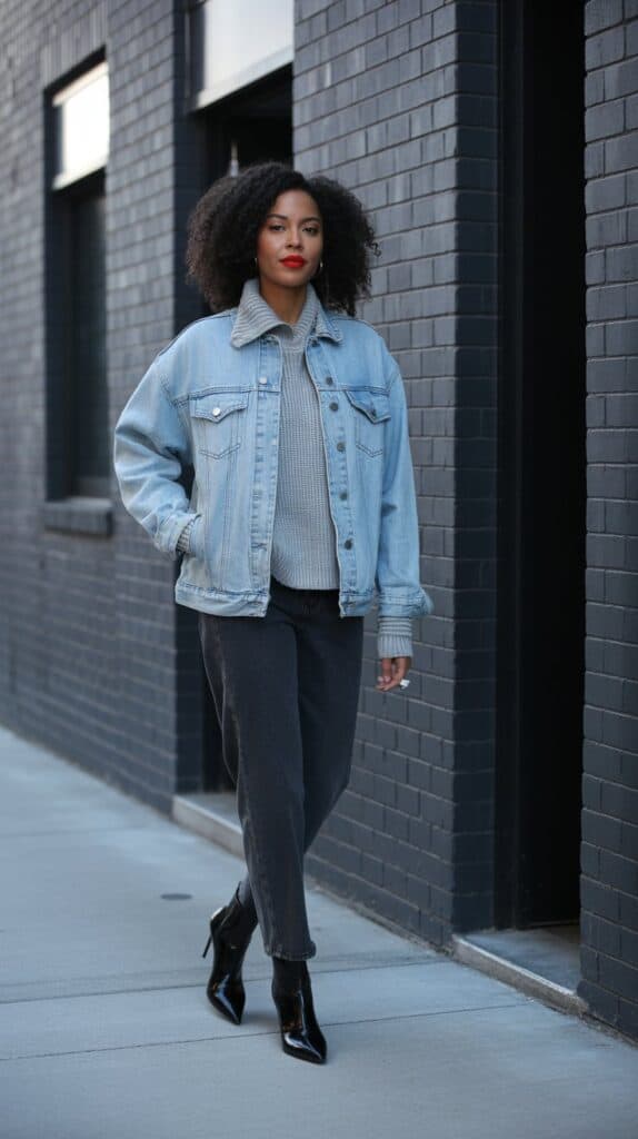 Black woman in denim jacket with dark jeans and boots, modern denim-on-denim fall outfit