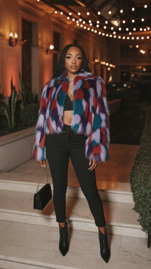 Black woman in cropped faux fur jacket and slim pants, chic fall evening outfit