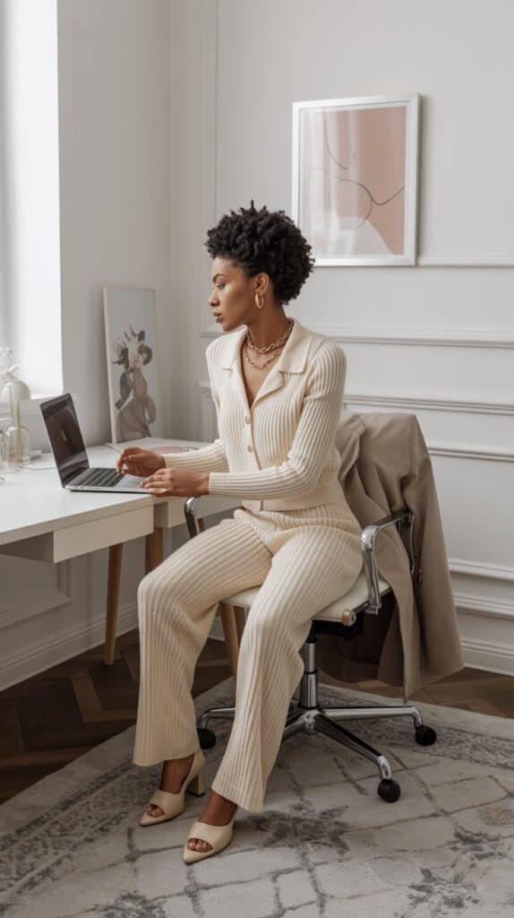 Black woman in matching knit set with trench coat and gold jewelry, cozy fall outfit