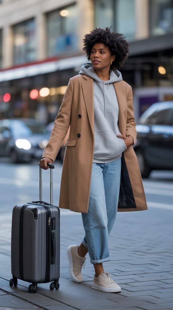 Black woman in hoodie under longline coat with jeans and sneakers, travel-ready fall outfit