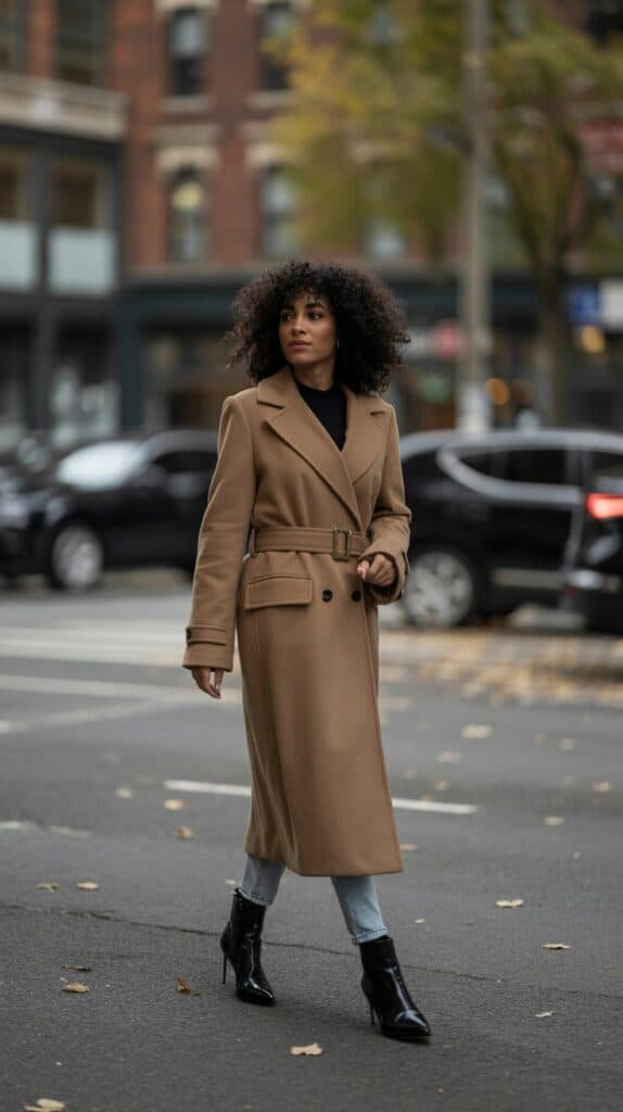 Black woman with natural curls in a camel longline belted coat styled with jeans and ankle boots for fall