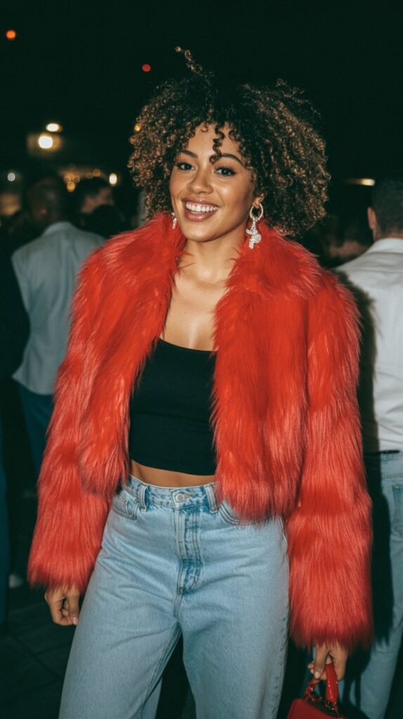 Black woman with curls wearing a bold cropped faux fur jacket styled with high-waist jeans