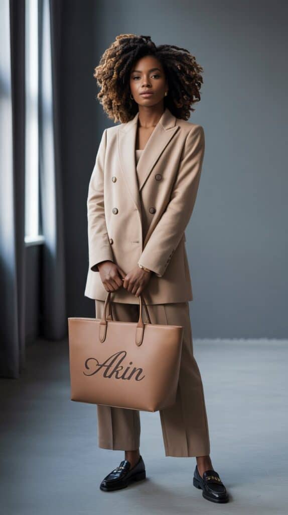 Black woman with natural hair wearing a beige double-breasted fall coat styled for work