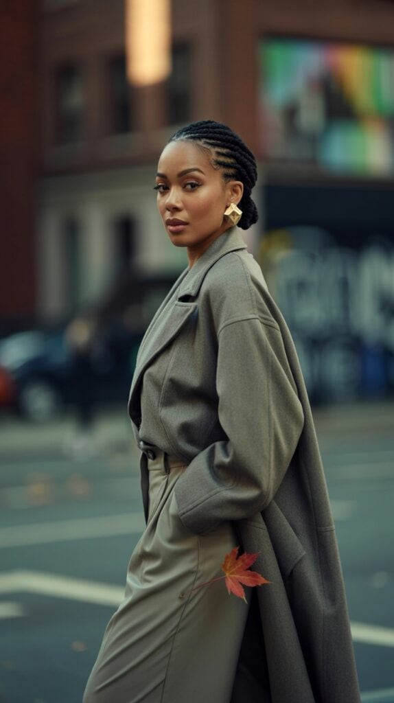 Black woman with braids in a gray oversized wool coat styled with wide-leg pants