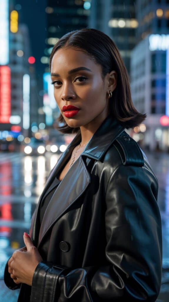 Black woman with straightened natural hair in a black leather trench coat styled for fall nights