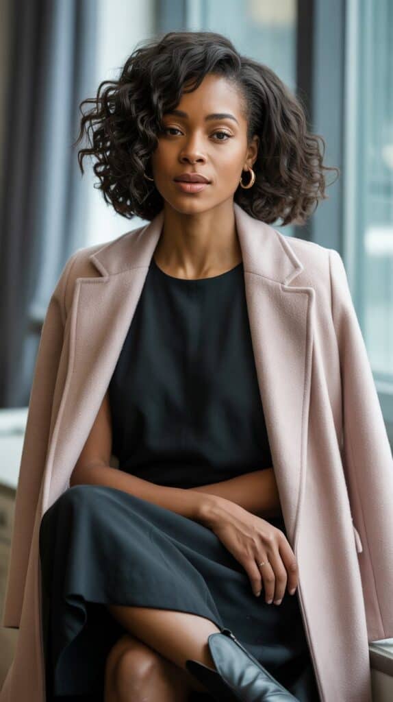 Black woman with wavy natural hair wearing a blush draped wool coat styled for fall evenings