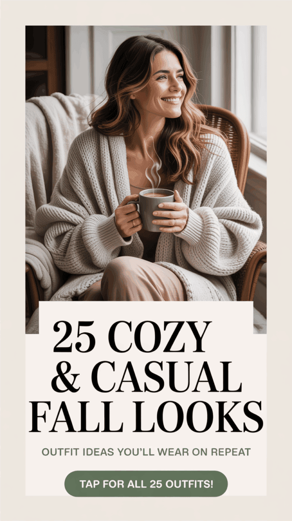 Oversized cardigan outfit with coffee mug, cozy fall fashion