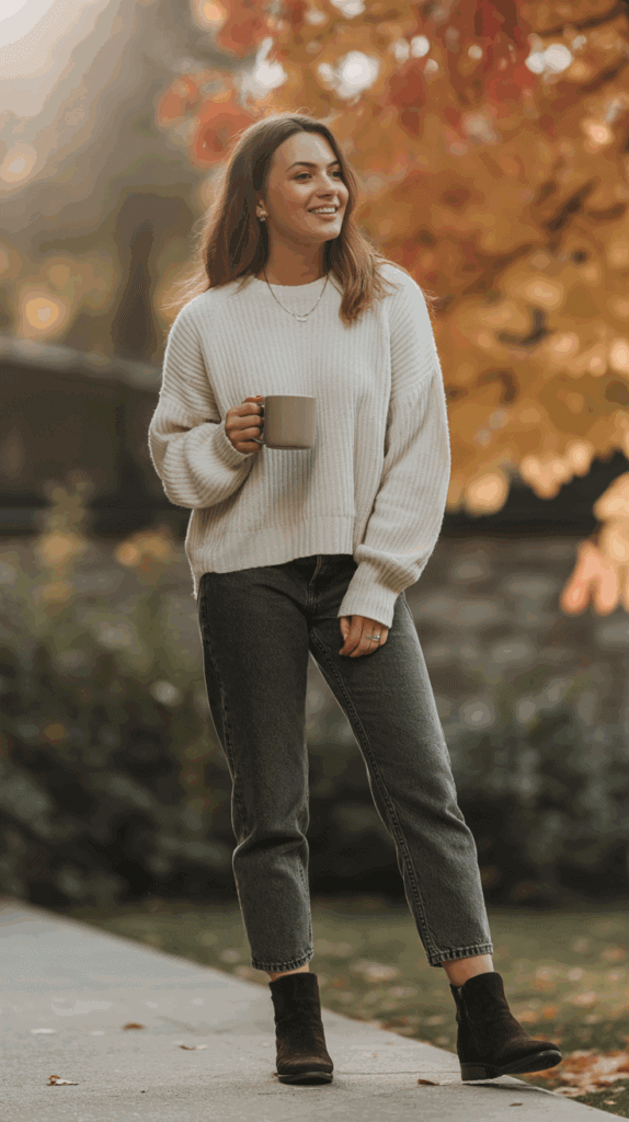 Woman wearing oversized knit sweater with straight-leg jeans and ankle boots for casual fall outfit Woman wearing oversized knit sweater with straight-leg jeans and ankle boots for casual fall outfit