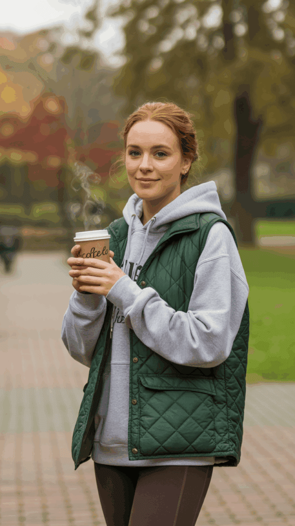 Woman wearing hoodie with quilted vest and leggings for casual fall outfit Woman wearing hoodie with quilted vest and leggings for casual fall outfit