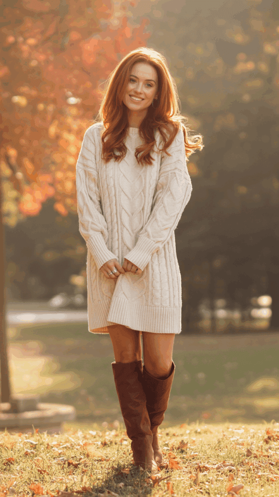 Woman wearing sweater dress with knee-high boots for casual fall outfit Woman wearing sweater dress with knee-high boots for casual fall outfit