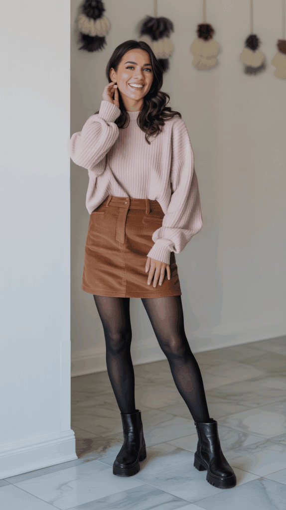 Woman wearing corduroy mini skirt with oversized sweater and tights for casual fall outfit Woman wearing corduroy mini skirt with oversized sweater and tights for casual fall outfit