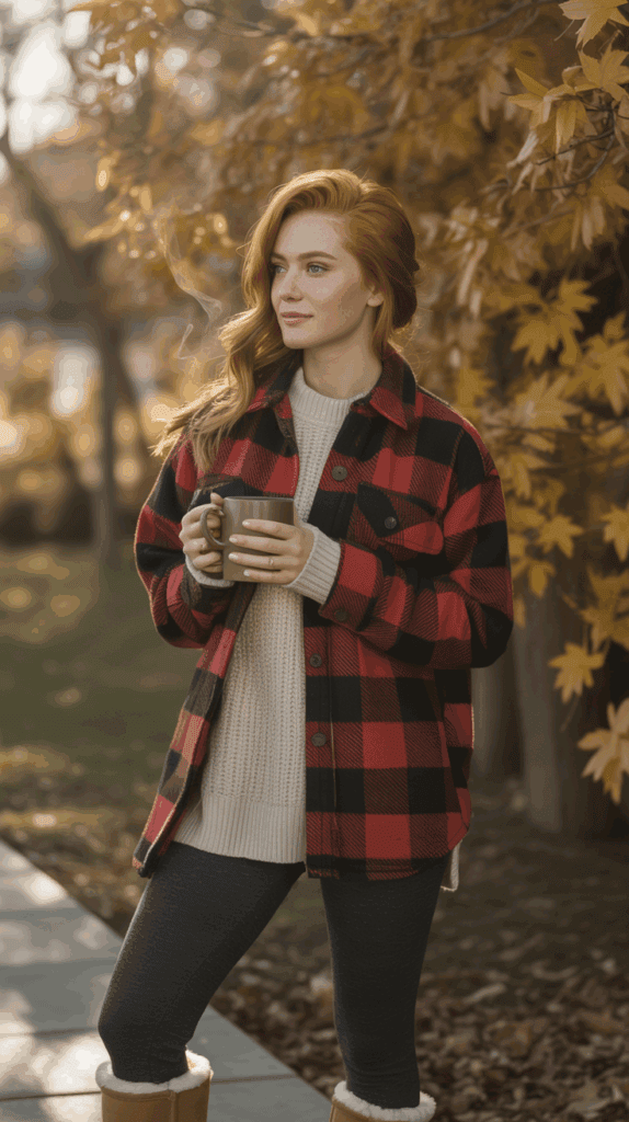 Woman wearing flannel shirt jacket with leggings and UGG-style boots for casual fall outfit Woman wearing flannel shirt jacket with leggings and UGG-style boots for casual fall outfit