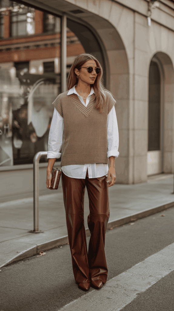 Woman wearing sweater vest with button-down and faux leather pants for casual fall outfit Woman wearing sweater vest with button-down and faux leather pants for casual fall outfit
