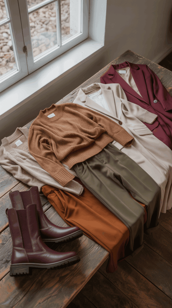 Fall color palette showing mustard, olive, rust, cream, camel, burgundy, taupe and blush combinations for casual fall outfits Fall color palette showing mustard, olive, rust, cream, camel, burgundy, taupe and blush combinations for casual fall outfits