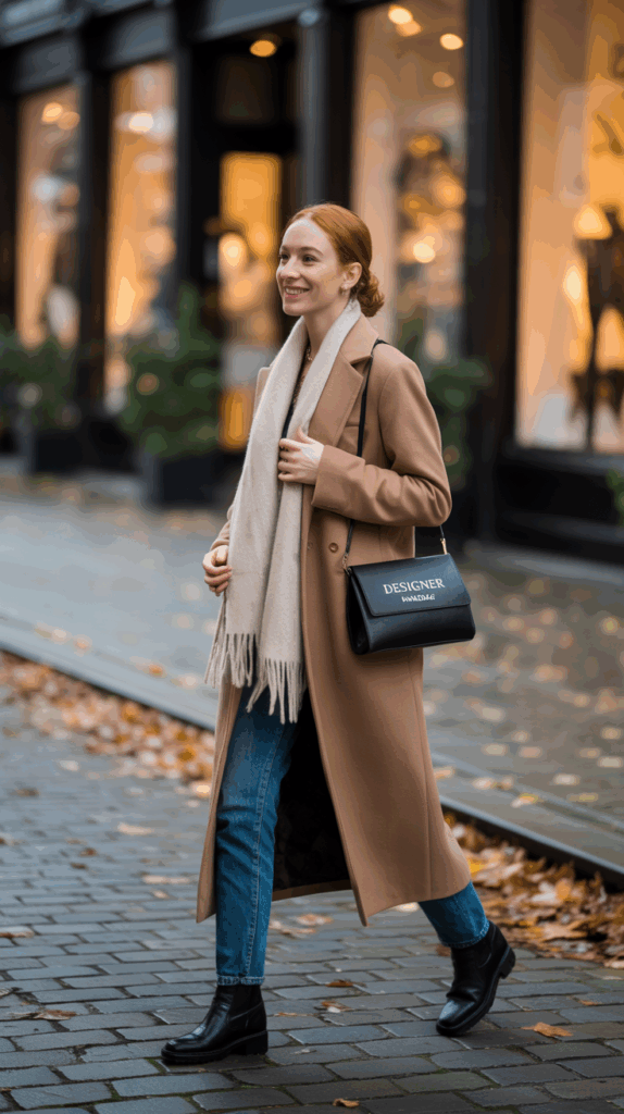 Woman wearing wool coat with jeans and scarf for casual fall outfit Woman wearing wool coat with jeans and scarf for casual fall outfit