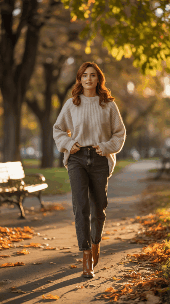 Woman confidently wearing casual fall outfit walking through autumn park Woman confidently wearing casual fall outfit walking through autumn park