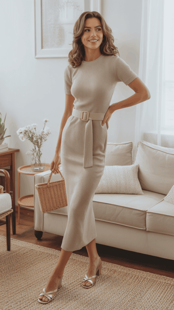 Chic beige ribbed midi dress with straw handbag and strappy sandals in a bright minimalist living room