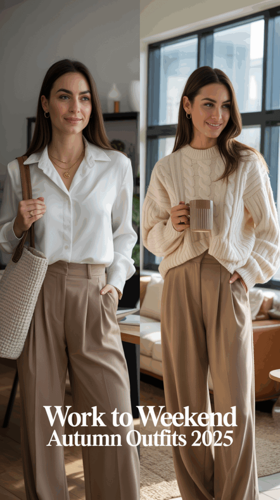 Woman wearing wide-leg trousers with a silk blouse for work, then with a casual sweater for weekend - work to weekend autumn outfits 2025 Woman wearing wide-leg trousers with a silk blouse for work, then with a casual sweater for weekend - work to weekend autumn outfits 2025