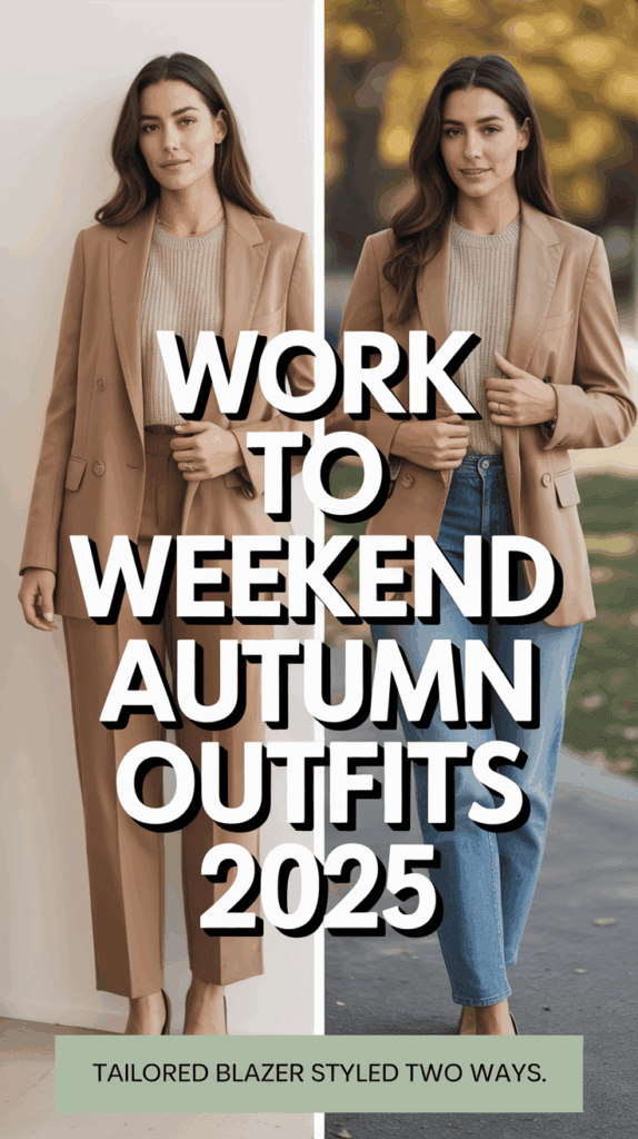Split photo of woman in camel blazer styled for office with trousers and weekend with jeans, autumn outfits 2025