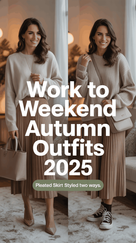 Split photo of woman in pleated midi skirt with sweater styled two waysβwork look with heels and tote, weekend look with sneakers and crossbody bag, autumn outfits 2025